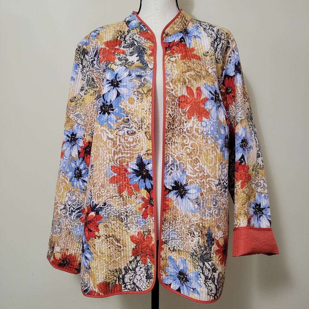Alfred Dunner Woman Size 20 Quilted Open Front Unlined Floral Long Sleeve Jacket